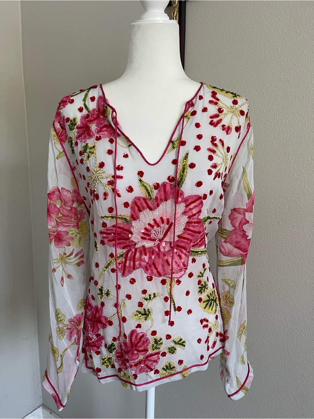 Christina White Sheer Blouse with Pink Floral Embroidery and Gold Accents